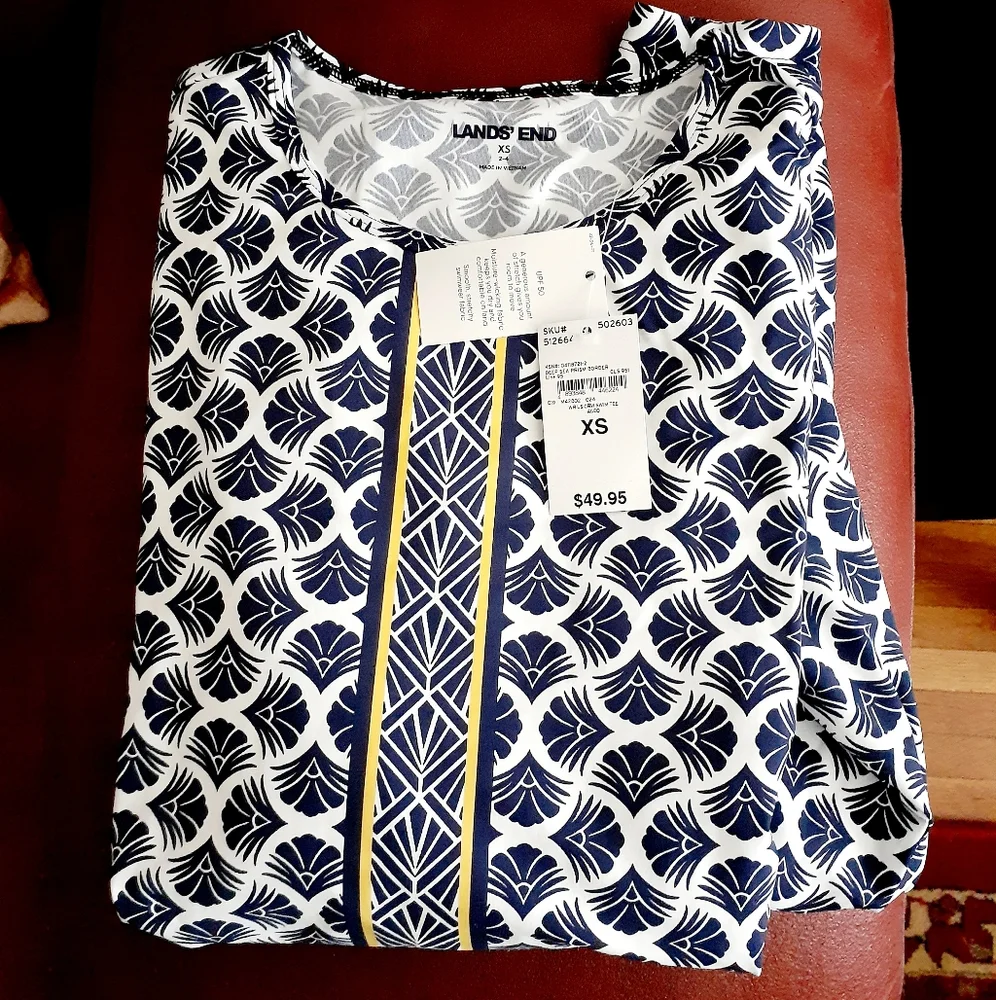 NWT*Lands' End navy print border* long sleeve rash guard*XS